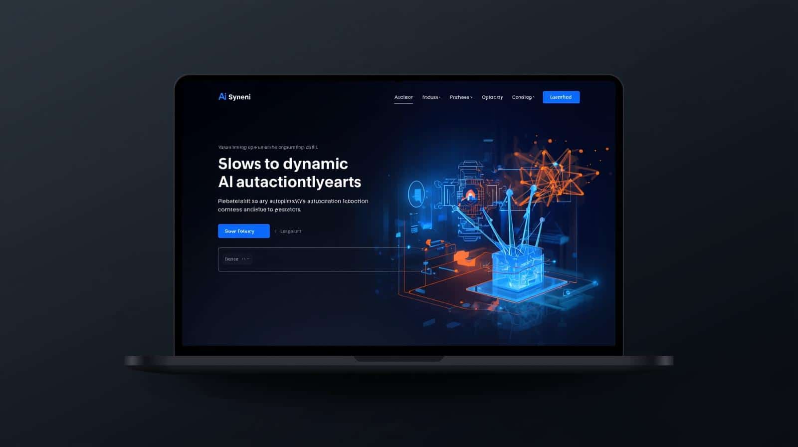 create image of website page on a dark background with blue38b6ff and orange AI automation graphics overlayed
