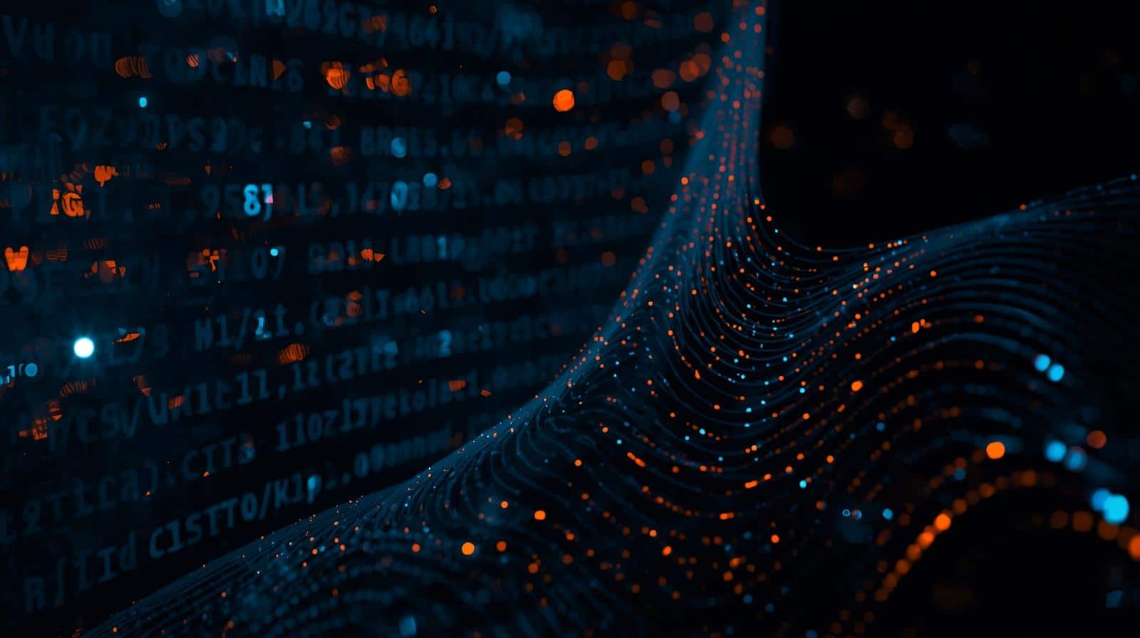 image of compter code on a dark background with blue38b6ff and orange AI automation graphics overlayed 1