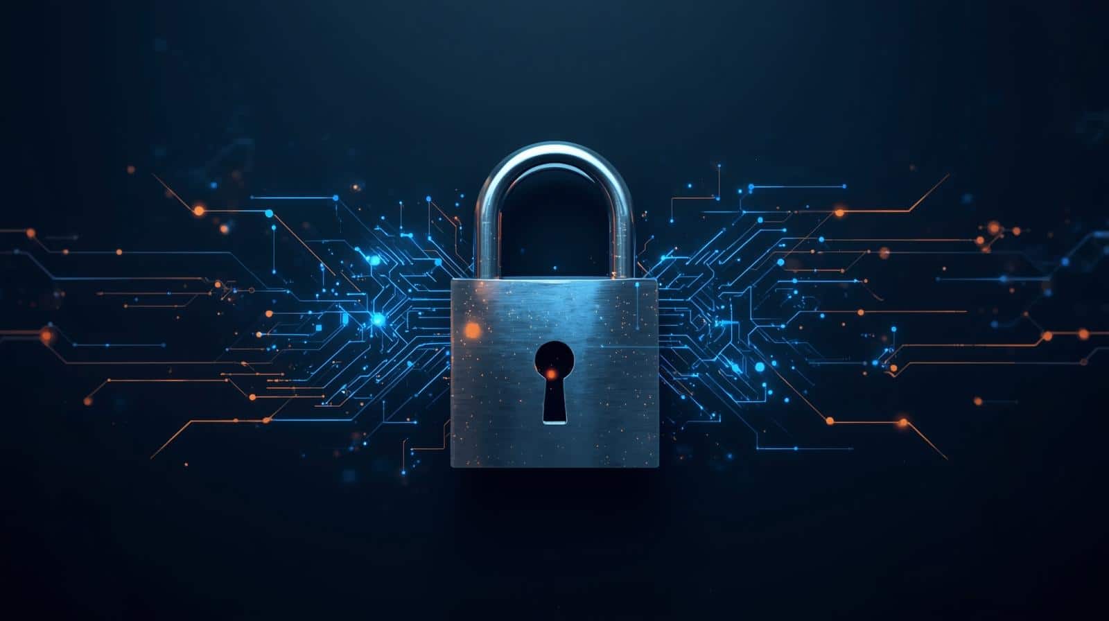 Here is an image of a padlock on a dark background with blue38b6ff and orange AI automation graphics overlayed