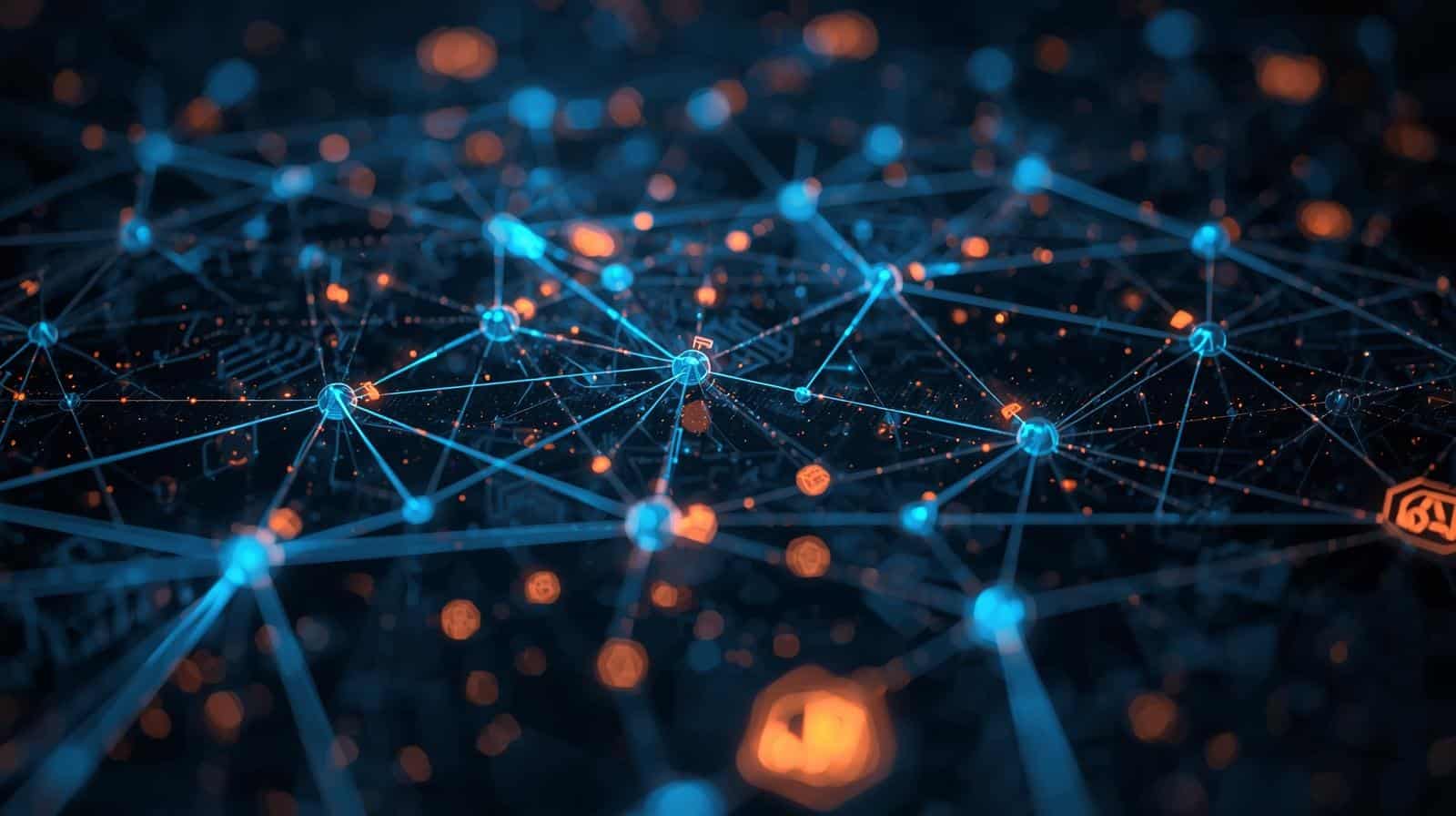 create image of computer network on a dark background with blue38b6ff and orange AI automation graphics overlayed